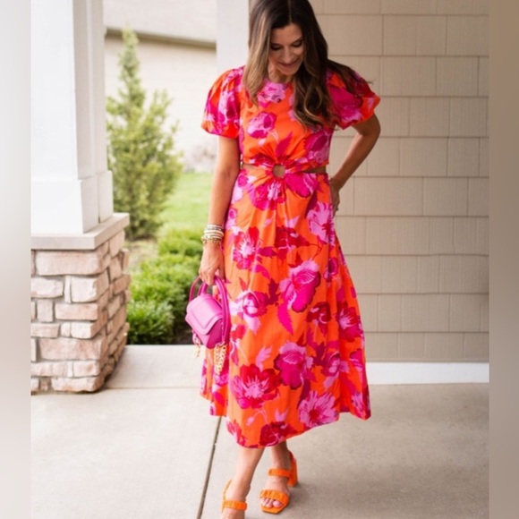 Scoop Women's Cut Out Midi Dress with Puff Sleeves, Size L NWOT - Picture 2 of 3